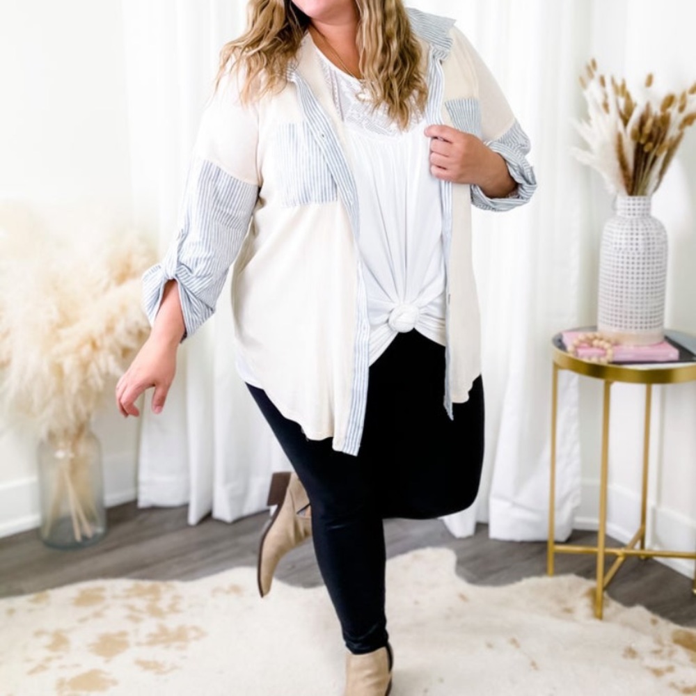 Ribbed Long Sleeve Shacket with Striped Detail - Ivory - Picture 2 of 9